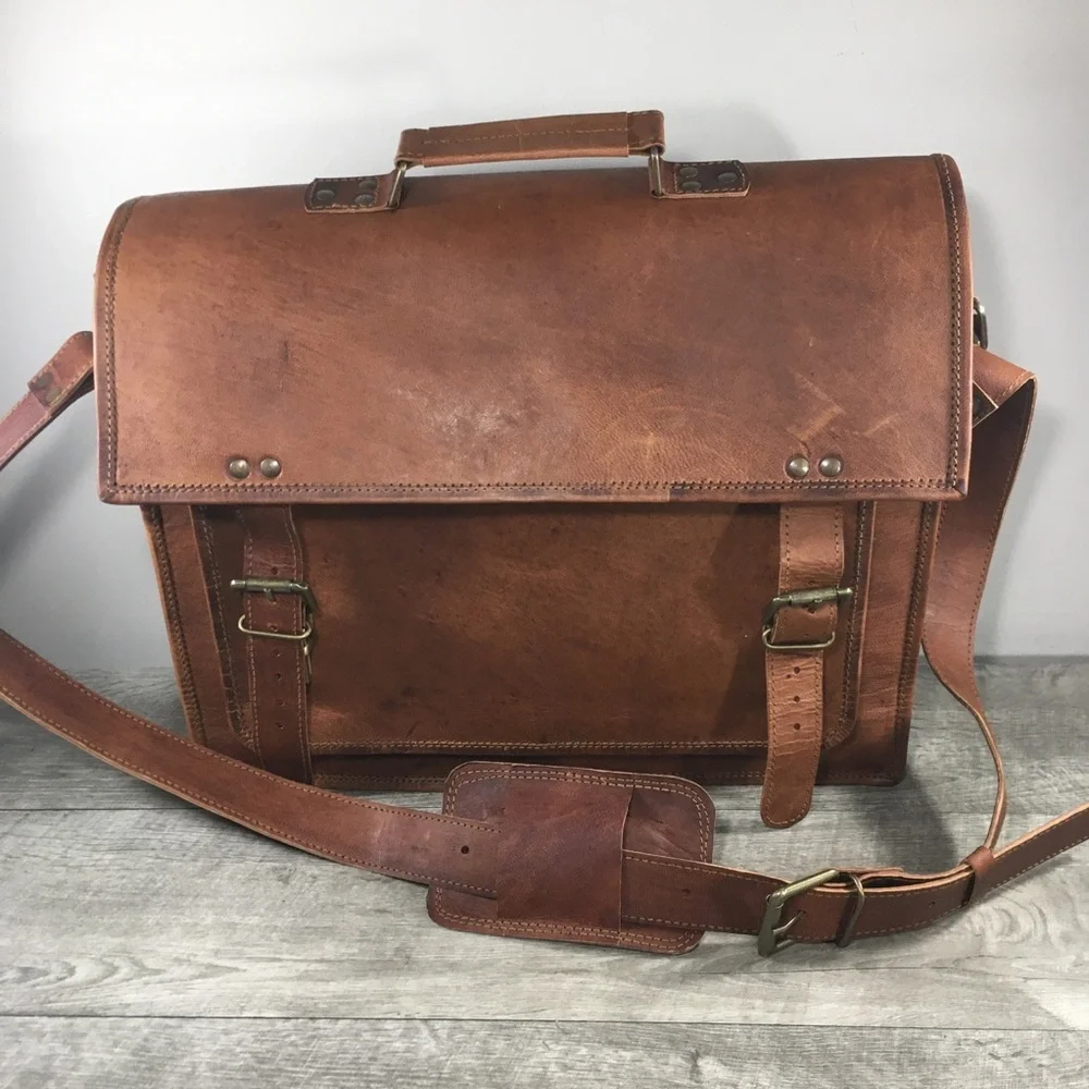 Vtg Waxed Leather Brown School Messenger Briefcase Shoulder Bag Computer Laptop